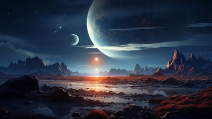 A cosmic panorama of a distant planetary system, showcasing the diverse landscapes and intriguing features of alien worlds.