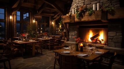 A cozy fireside setting in a rustic lodge, with wooden tables laden with hearty, farm-to-table fare.