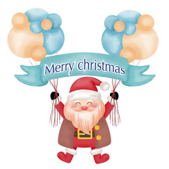 Santa Claus holds a balloon and a Merry Christmas sign on a white background.