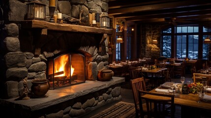 A cozy fireside setting in a rustic lodge, with wooden tables laden with hearty, farm-to-table fare.