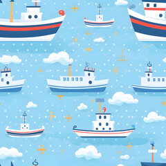 illustration pattern of children's ships, clouds, cute fabric print, paper for wallpaper