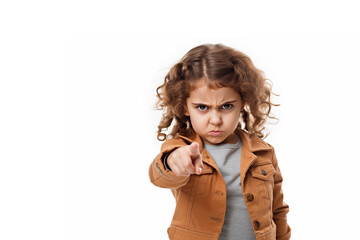 Angry child pointing his finger. The concept of child aggression, anger and hatred