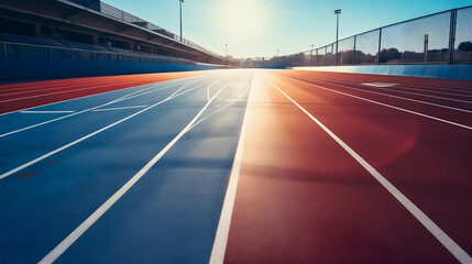 Blue and orange running tracks where athletes are sprinting during a world championship competition to determine a winner. Summer outdoors stadium, tournament event concept, textured surface - obrazy, fototapety, plakaty