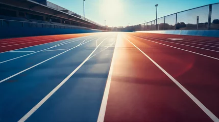 Foto op Canvas Blue and orange running tracks where athletes are sprinting during a world championship competition to determine a winner. Summer outdoors stadium, tournament event concept, textured surface © Nemanja
