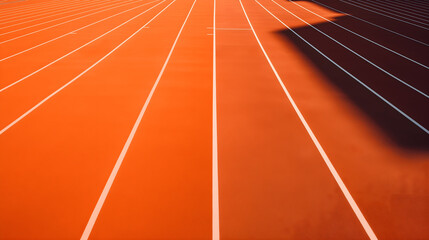 Orange running tracks with thick white lines, lanes for sprinting during a world championship competition to determine a winner. Summer outdoors stadium, tournament event concept, textured surface