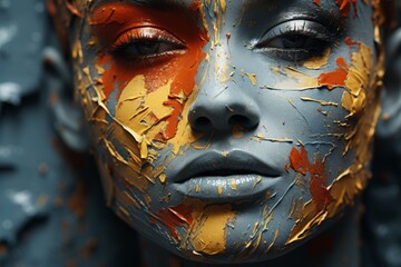 a woman with orange and yellow paint on her face