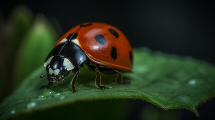 red ladybug on green grass. selective focus. Generative AI,