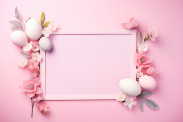 easter eggs and flowers on a pink background