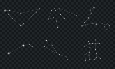 Set of six zodiac signs. A collection of six zodiac signs consisting of shining stars on a dark checkered background. Zodiacs: Capricorn, Aquarius, Pisces, Aries, Taurus, Gemini.
