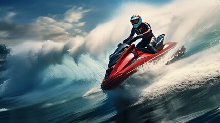 Adrenaline-Fueled Jet Ski Ride on Turquoise Waves. Generative ai - obrazy, fototapety, plakaty