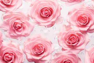Pink Roses in Water on a White Background, Spa and Cosmetic Concept Background, Top view, Generative AI
