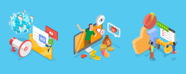 3D Isometric Flat Vector Illustration of Positive PR, Public Relations Strategies