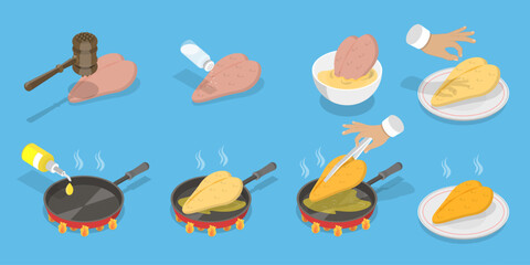 3D Isometric Flat Vector Illustration of How To Prepare Chicken Schnitzel, Homemade Food Recipe