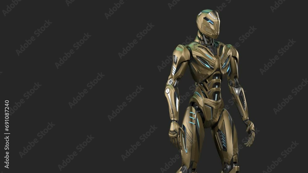 Poster futuristic alien robot walk or yellow humanoid cyborg steps from left to right side of the screen. u