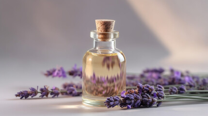 Obraz na płótnie Canvas Lavender essential oil in a small bottle. Selective focus. Generative AI