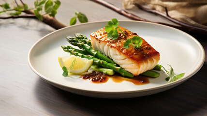 Top view of grilled salmon with lemon, dill and vegetables. fried gourmet skrei cod fish filet with green asparagus and lettuce served on a design plate