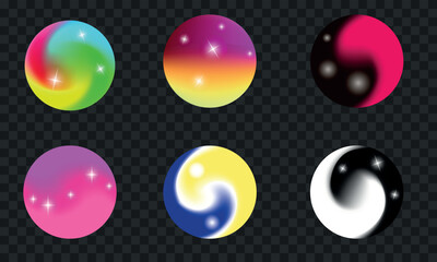Set of colored balls with shine. Colored gradient balls with beautiful swirling colors and starry sparkles. Vector illustration EPS10.
