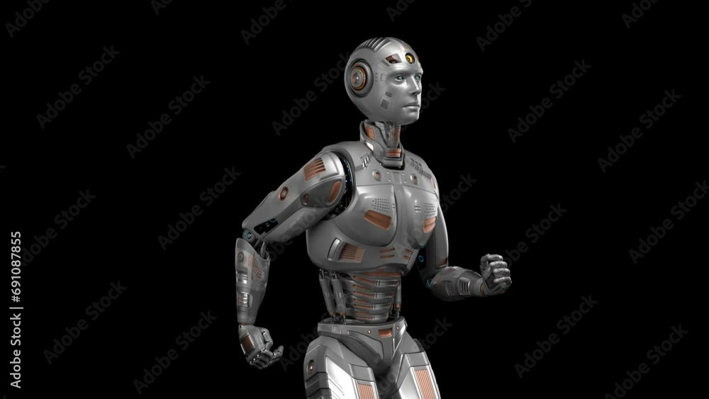 Poster futuristic robot man run cycle or humanoid cyborg running in loop. 3d rendering animation of the upp
