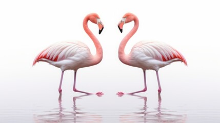 Pink flamingos look at each other lovingly.