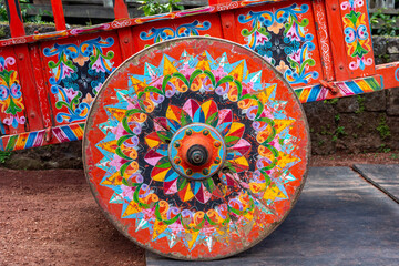 Colorful Oxcart Wheel in Costa Rica - 691087828