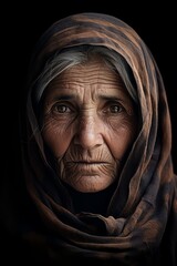 A portrait of a gorgeous beautiful cute afghan caucasian old woman grandmother in a dark place with shiny beautiful eyes looking at camera, generated by AI.