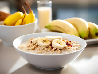 Breakfast oatmeal porridge with bananas in a white bowl on a table, blurry background