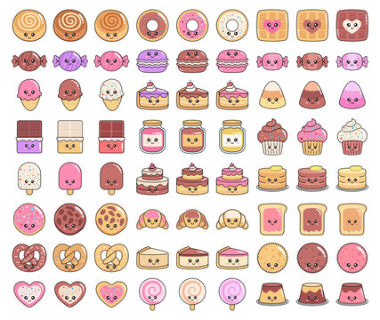 Big set of cute sweet icons in kawaii style, featuring cheerful faces and rosy cheeks, perfect for sweet designs. Vector.