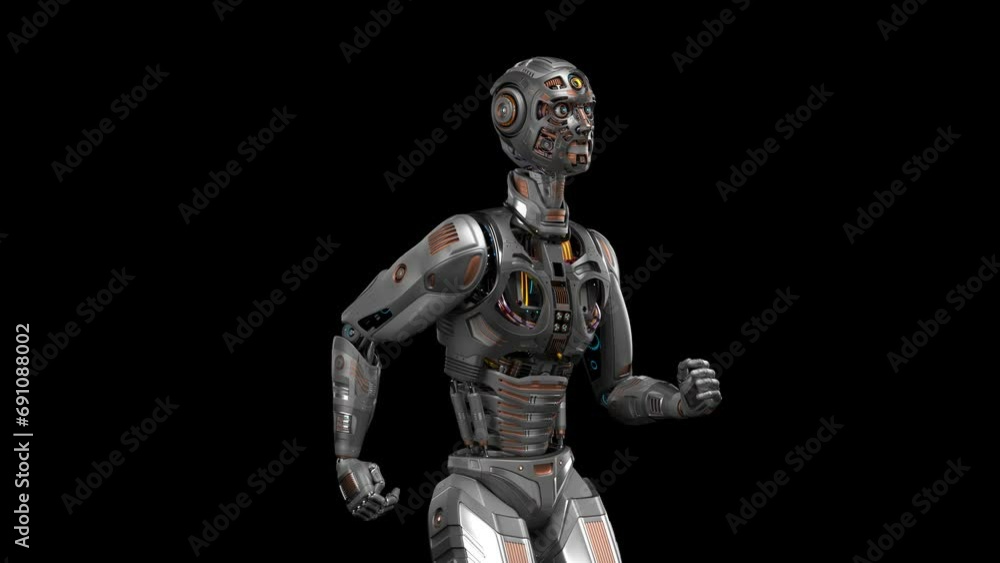 Poster futuristic robot man run cycle or humanoid cyborg running in loop. 3d rendering animation of the upp