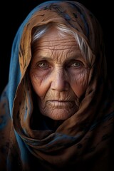 A portrait of a gorgeous beautiful cute afghan caucasian old woman grandmother in a dark place with shiny beautiful eyes looking at camera, generated by AI.