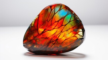 a visually appealing composition featuring a vibrant ammolite stone on a pristine white surface, capturing its iridescent colors and unique organic patterns with exceptional clarity.