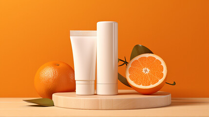 Vibrant Orange Slice on Wooden Podium with White Tube - Creative Minimalist Composition for Fresh Summer Fruit Concept, Healthy Nutrition, and Juicy Citrus Snack on Rustic Background.