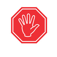 Simple red stop road sign with big hand symbol or icon vector illustration