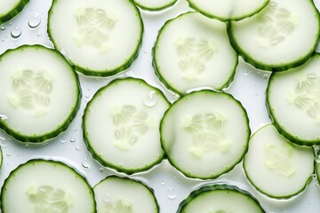 A close up top view macro photo of some sliced cucumbers isolated on white background, slices of cucumber for salad png, generated by AI.