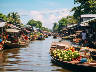 Fototapeta premium Colorful floating markets with vibrant shops and houses set against a serene water backdrop.