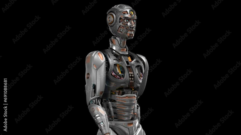 Poster futuristic robot man walk cycle or humanoid cyborg walking in loop. 3d rendering animation of the up
