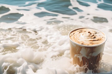 A picture of a latte in a plastic coffee cup in on the sand of the beach in the water between the foam waves splash, creamy iced latte smoothie on a hot sunny summer day, generated by AI. - obrazy, fototapety, plakaty
