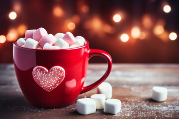 Cup of coffee with candy canes. Red mug with hot chocolate with melted marshmallow, hearts. Christmas drinks.