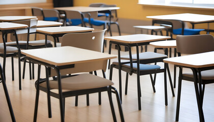 Closeup view of some empty chairs and tables in a classroom in a school seminar or conference room, selective focus