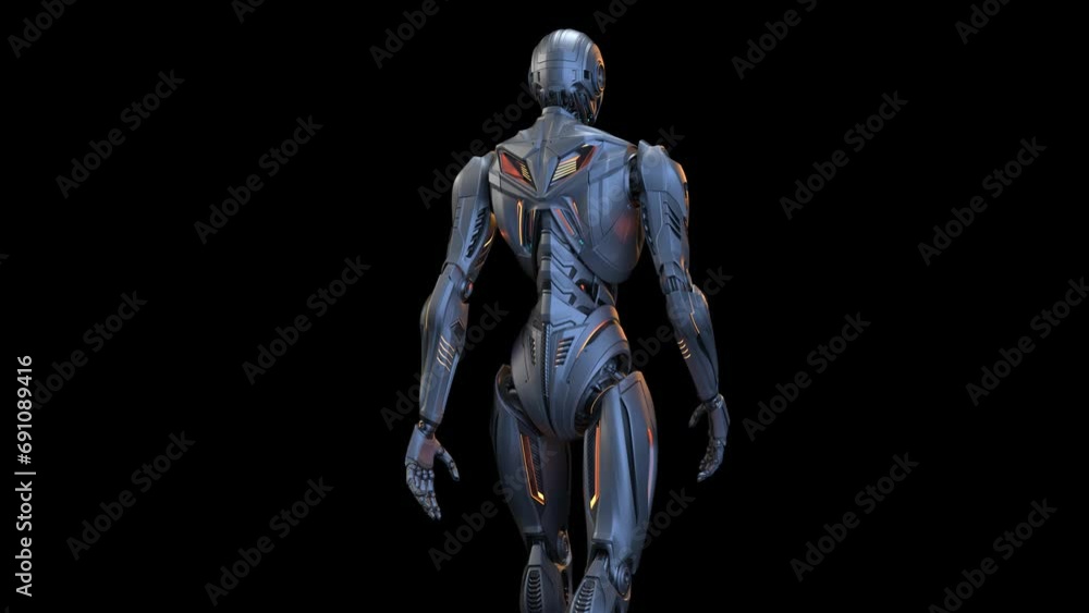 Poster futuristic robot man walk cycle or humanoid cyborg walking in loop. 3d rendering animation of the up