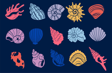 Shell sea starfish seashell mollusk isolated set concept. Vector graphic design illustration