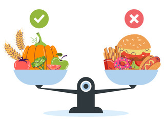Choice between healthy and unhealthy food concept. Vector design graphic illustration - obrazy, fototapety, plakaty