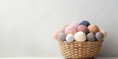 basket with balls of yarn for knitting, crocheting on a white background. handicrafts, hobbies.	 - obrazy, fototapety, plakaty