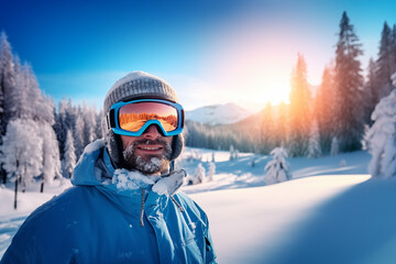 Fototapeta na wymiar Mann mit Skibrille im Winterpanorama, Skifahren, Snowboardfahren und Langlauf
