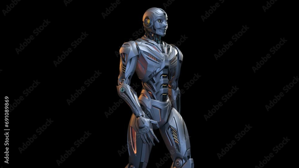 Poster futuristic robot man walk cycle or humanoid cyborg walking in loop. 3d rendering animation of the up