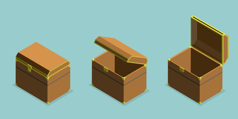 3D Isometric Flat Vector Set of Chests, Empty Treasure Boxes