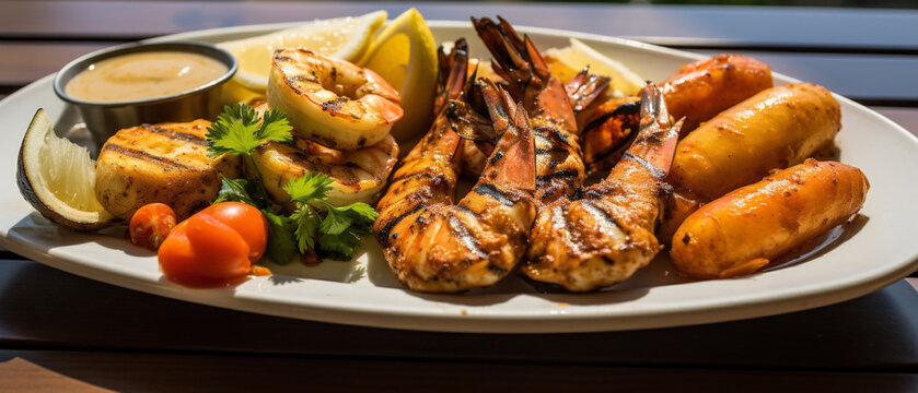 A mouthwatering seafood platter with grilled shrimp, served freshly and incredibly appetizing.
