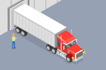 3D Isometric Flat Vector Illustration of Heavy Vehicle Driving, Semi-trailer Moving Backward