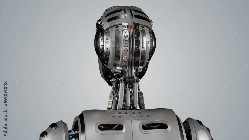 Poster turntable 360 degree animation of futuristic robot or metallic humanoid cyborg. 3d rendering of the 