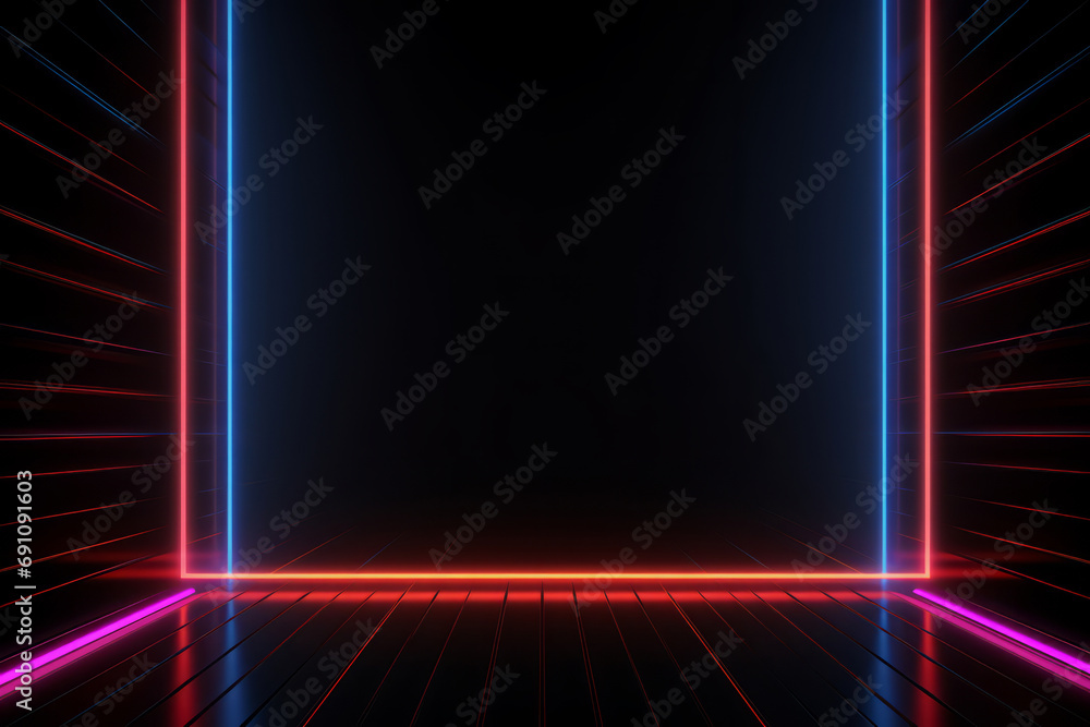Poster empty room with neon glowing lines on dark background. abstract futuristic background with copy spac