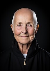 old white woman without hair, with a bald head and a black sweater against a black background, studio shot